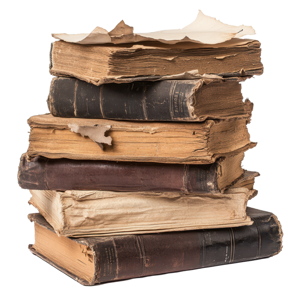 Stack of worn old books with torn pages on a Transparent background showcasing age and history, stack old books with a few pages torn off, background png