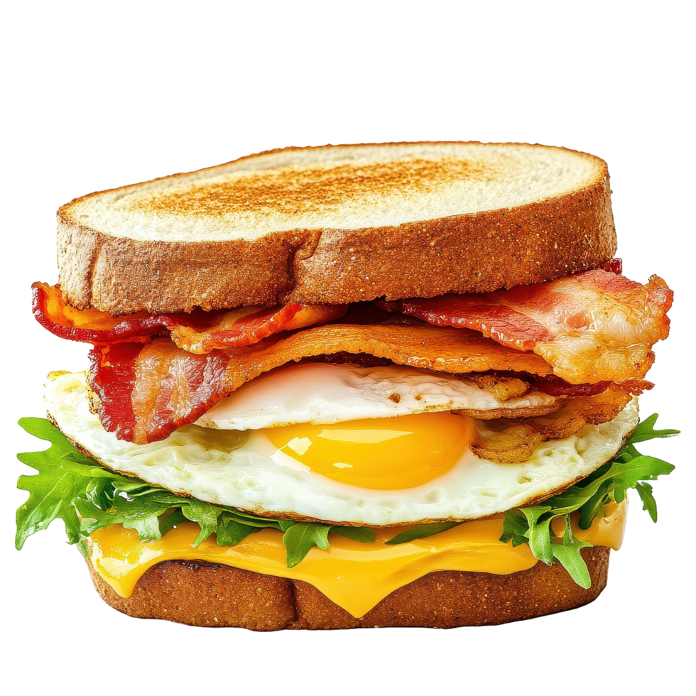 Delicious sandwich featuring crispy bacon, melted cheese, and a fried egg on toasted bread, Sandwich with bacon, cheese and egg on a Transparent background, background png