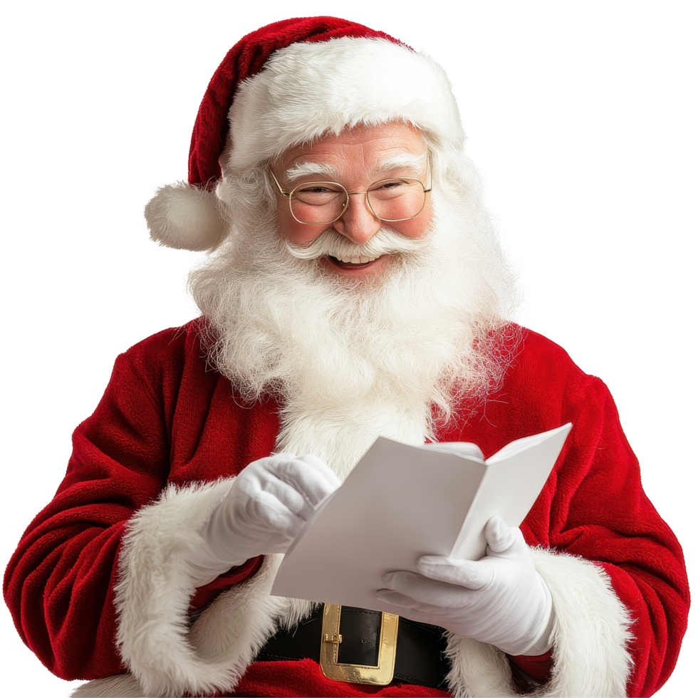 Santa Claus smiles while reading his gift list during the festive holiday season, Santa claus smiling when reading gift list on Transparent background, background png