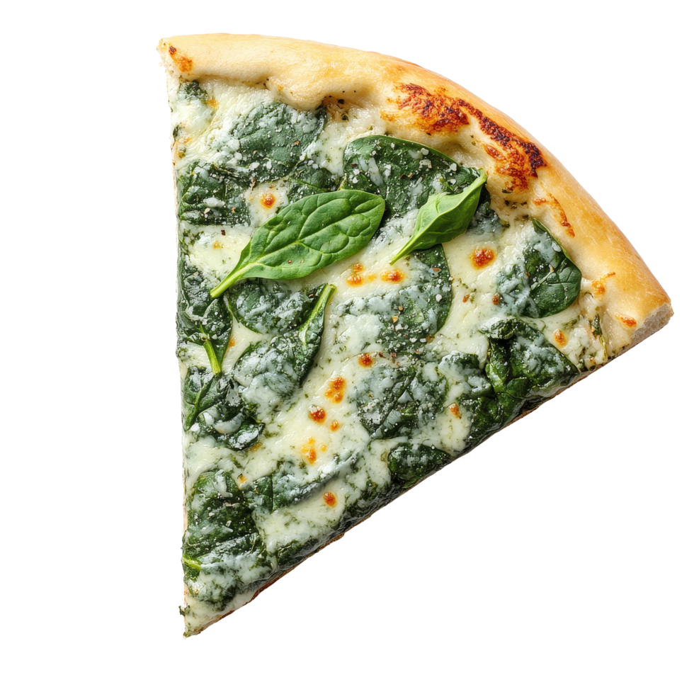 Spinach pizza slice served on a Transparent background highlighting fresh ingredients and delicious toppings, Spinach Pizza Slice isolated on png