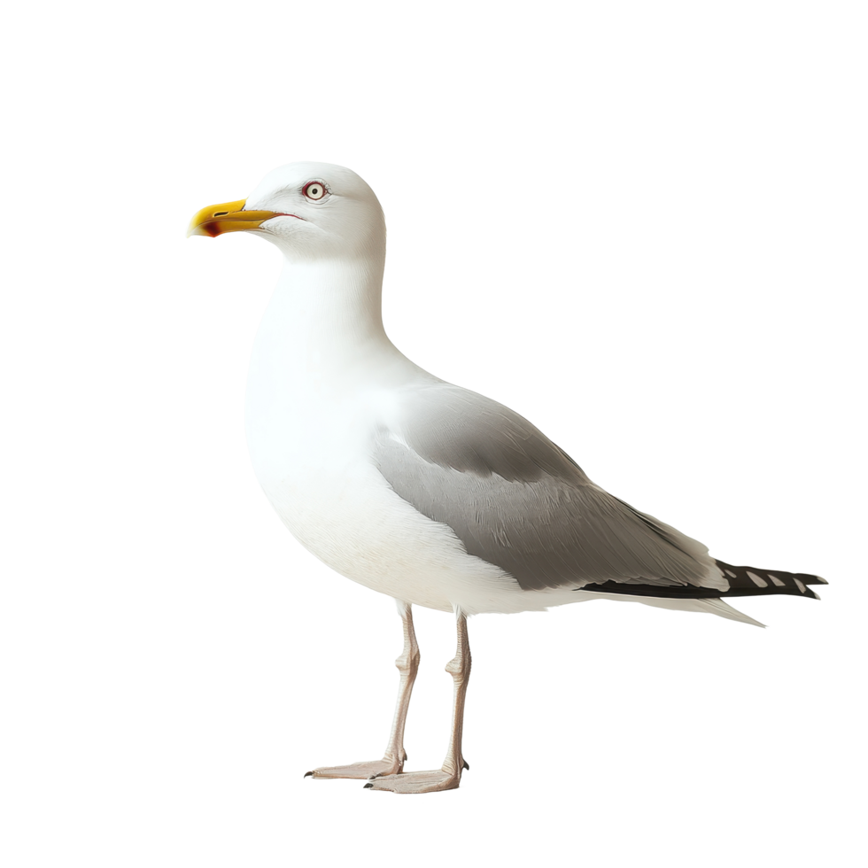Seagull standing gracefully on a white surface with a striking yellow bill in bright lighting, seagull standing on a white surface with a yellow beak, Transparent background png