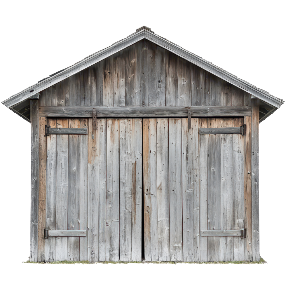 Weathered wooden shed with sliding doors showcasing rustic charm and timeless appeal, Weathered Wooden Shed with Doors Each Sliding to One Side, Transparent background png