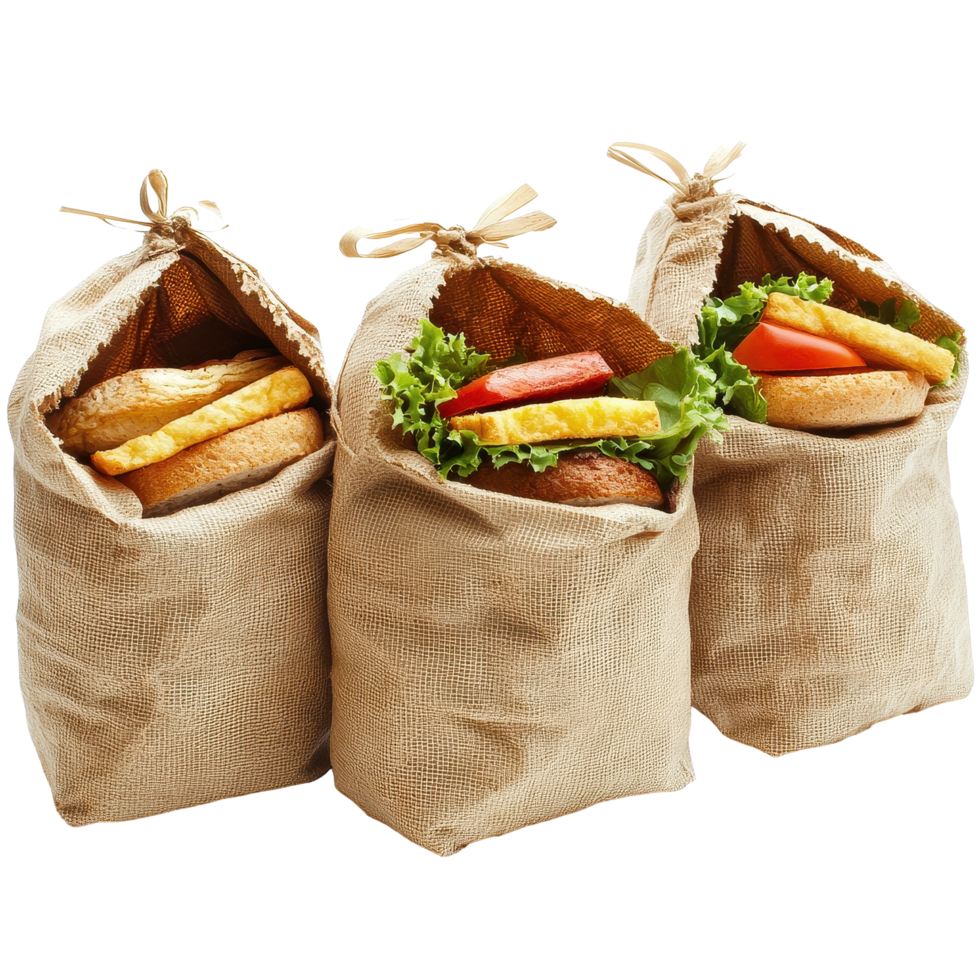 Sack lunches arranged on a Transparent background ready for a picnic or lunch outing with fresh ingredients, Sack lunches, background png