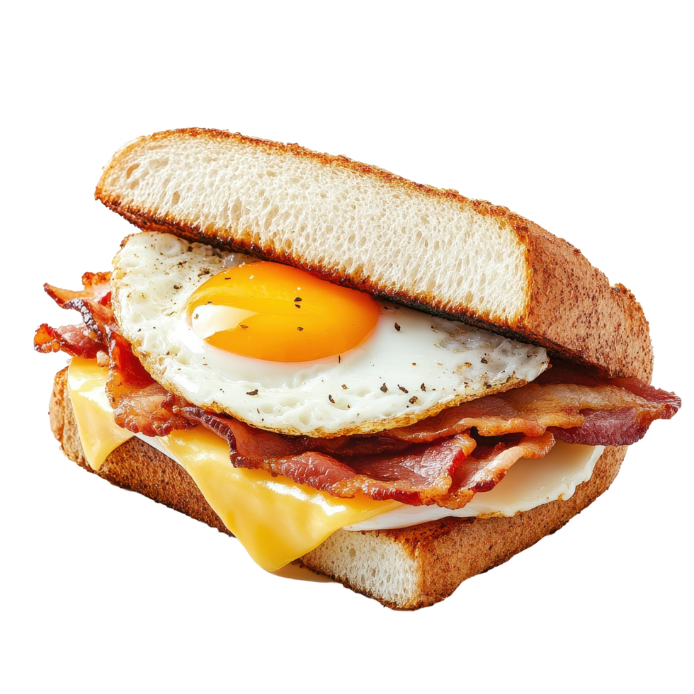 Delicious breakfast sandwich with bacon, cheese, and egg on toasted bread isolated on Transparent background, Sandwich with bacon, cheese and egg isolated on png
