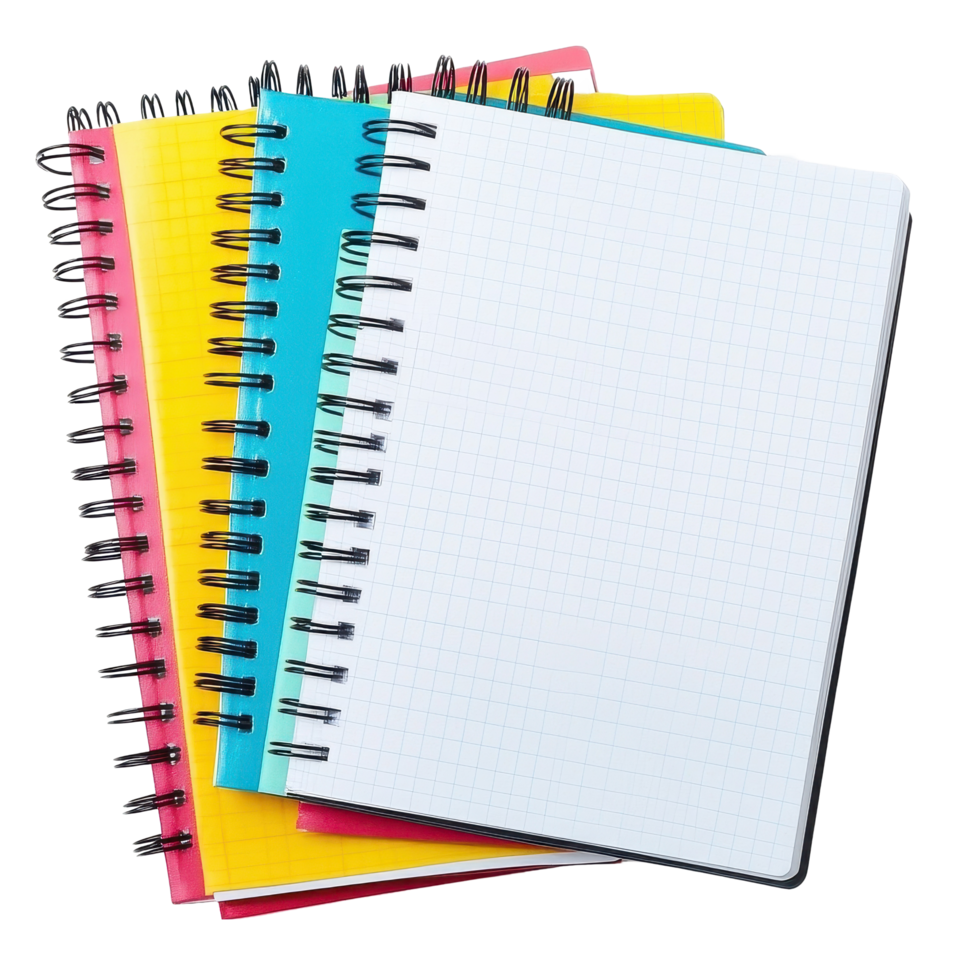 Colorful spiral notebooks stacked on a Transparent background for creative writing and planning activities, Spiral Notebooks Isolated on png