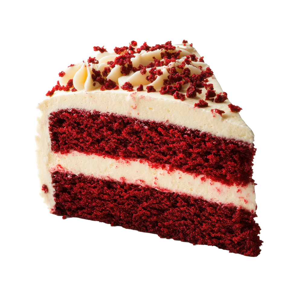 Delicious slice of red velvet cake on a clean Transparent background showcasing its rich layers and creamy frosting, Solo Red Velvet Cake slice on a clean background, format with png
