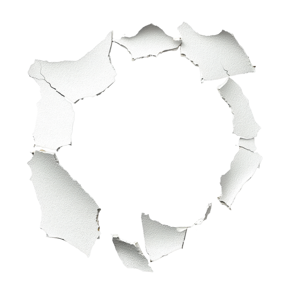 Wall torn open revealing a circular hole against a Transparent background displaying raw textures, Wall Torn Open, Revealing Hole.. png
