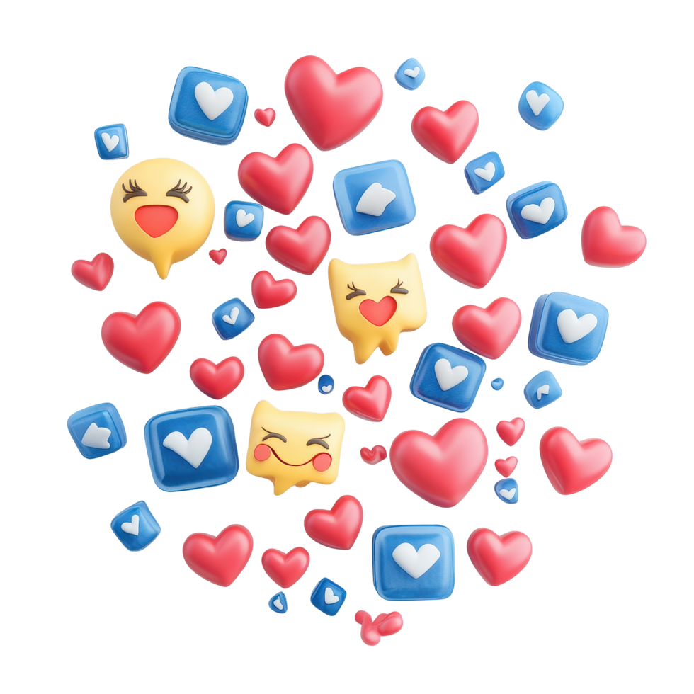 Social media likes and love reactions symbols in vibrant colors for engaging digital interactions, Social Media Likes and Love Reactions Concept, Transparent background png