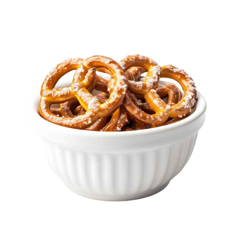 Salted pretzels in a white bowl, perfect snack for any occasion, Salted pretzels in bowl isolated on Transparent background, background png