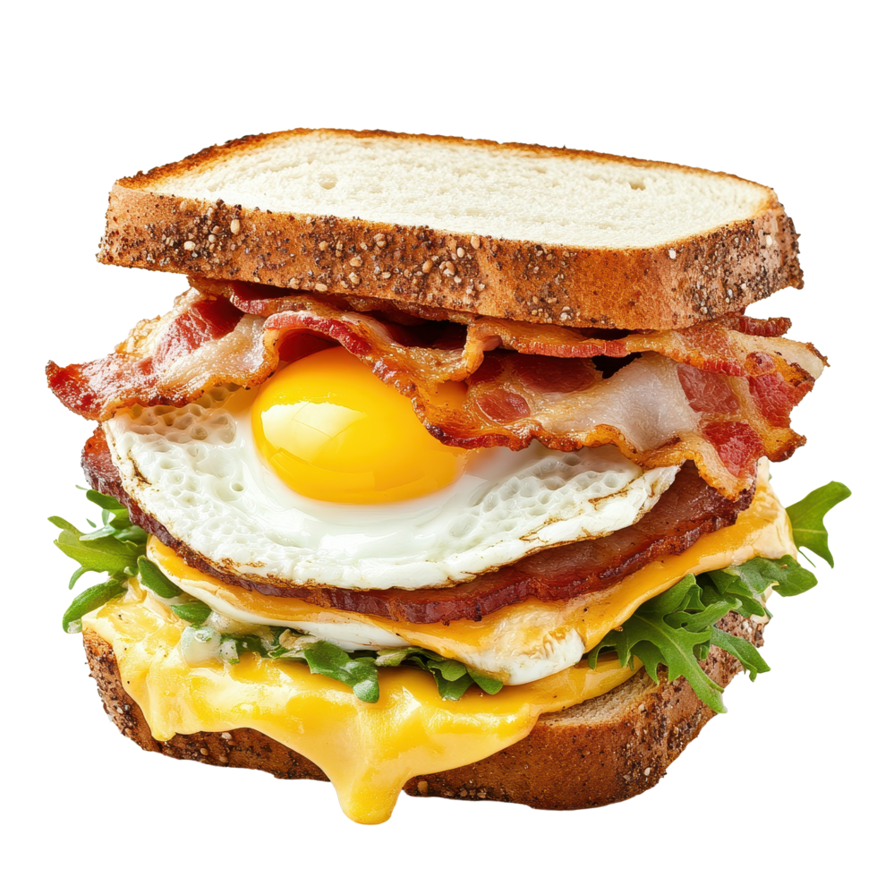 Bacon, cheese, and egg sandwich served on whole grain bread with fresh greens and a sunny-side-up egg, Sandwich with bacon, cheese and egg on a Transparent background, background png