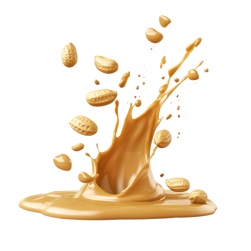 Splash of peanut butter with scattered peanuts creating a dynamic culinary scene isolated on white, splash peanut butter with peanut seedsisolated on Transparent background png