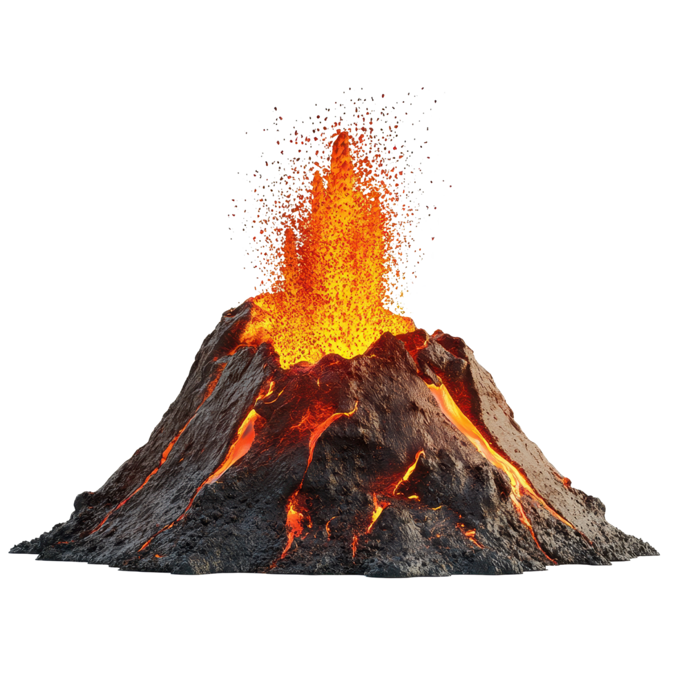 Volcano eruption with flowing lava as molten rock spews from the crater against a Transparent background, Volcano eruption with lava isolated on png