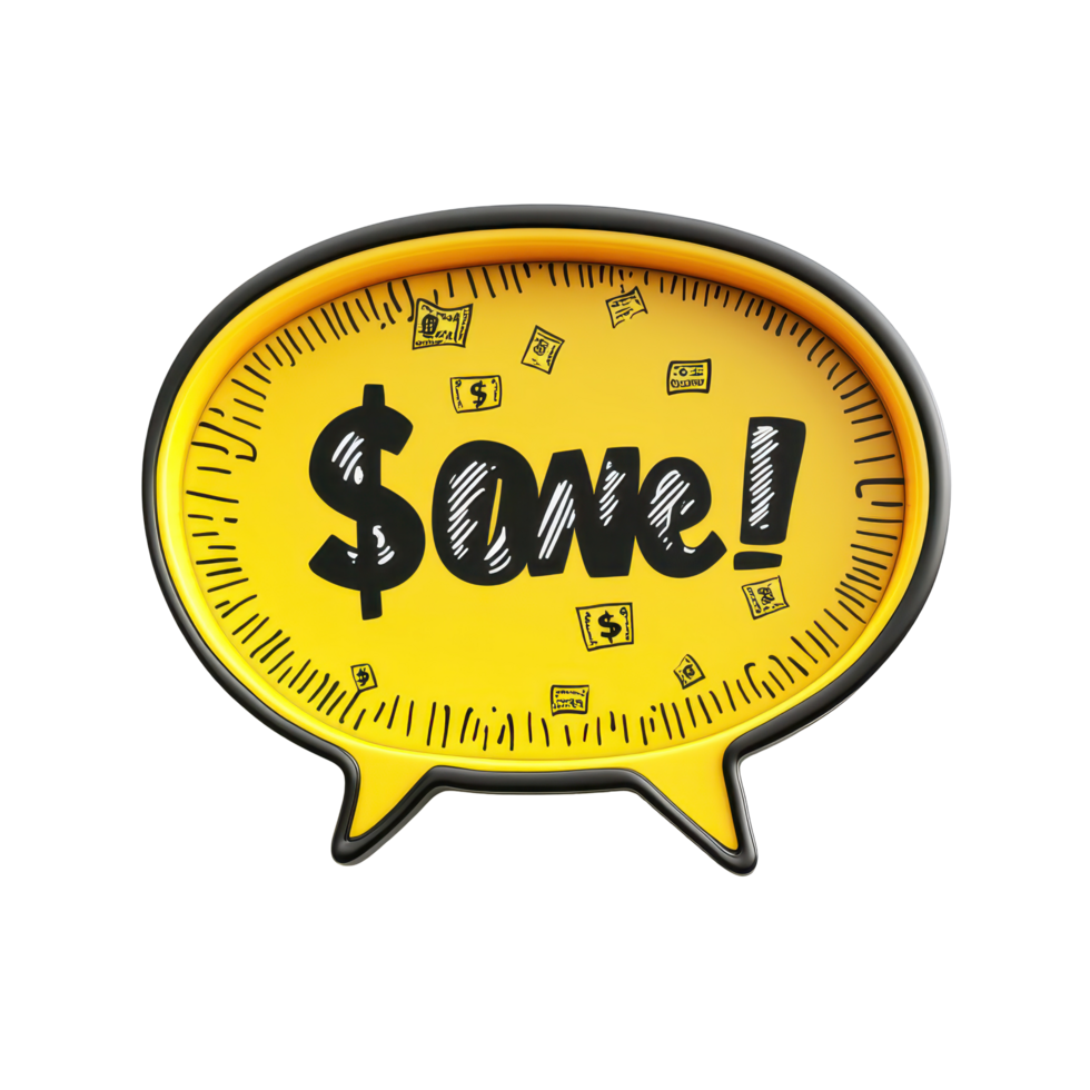 Visual representation of money with a speech bubble and a playful design emphasizing savings in a vibrant setting, speech bubble with the word money in it, Transparent background png