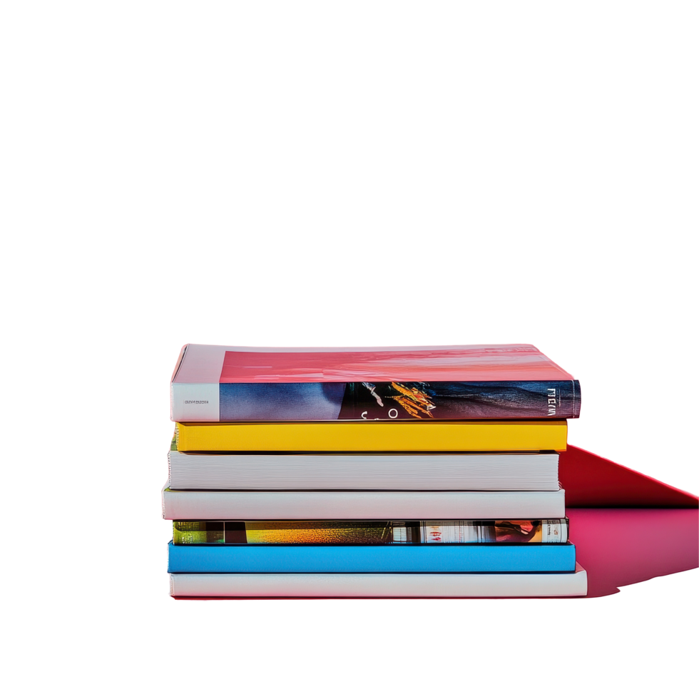 Stack of colorful magazines on a pink surface against a Transparent background showcasing modern design elements, stack magazines on a pink surface, png
