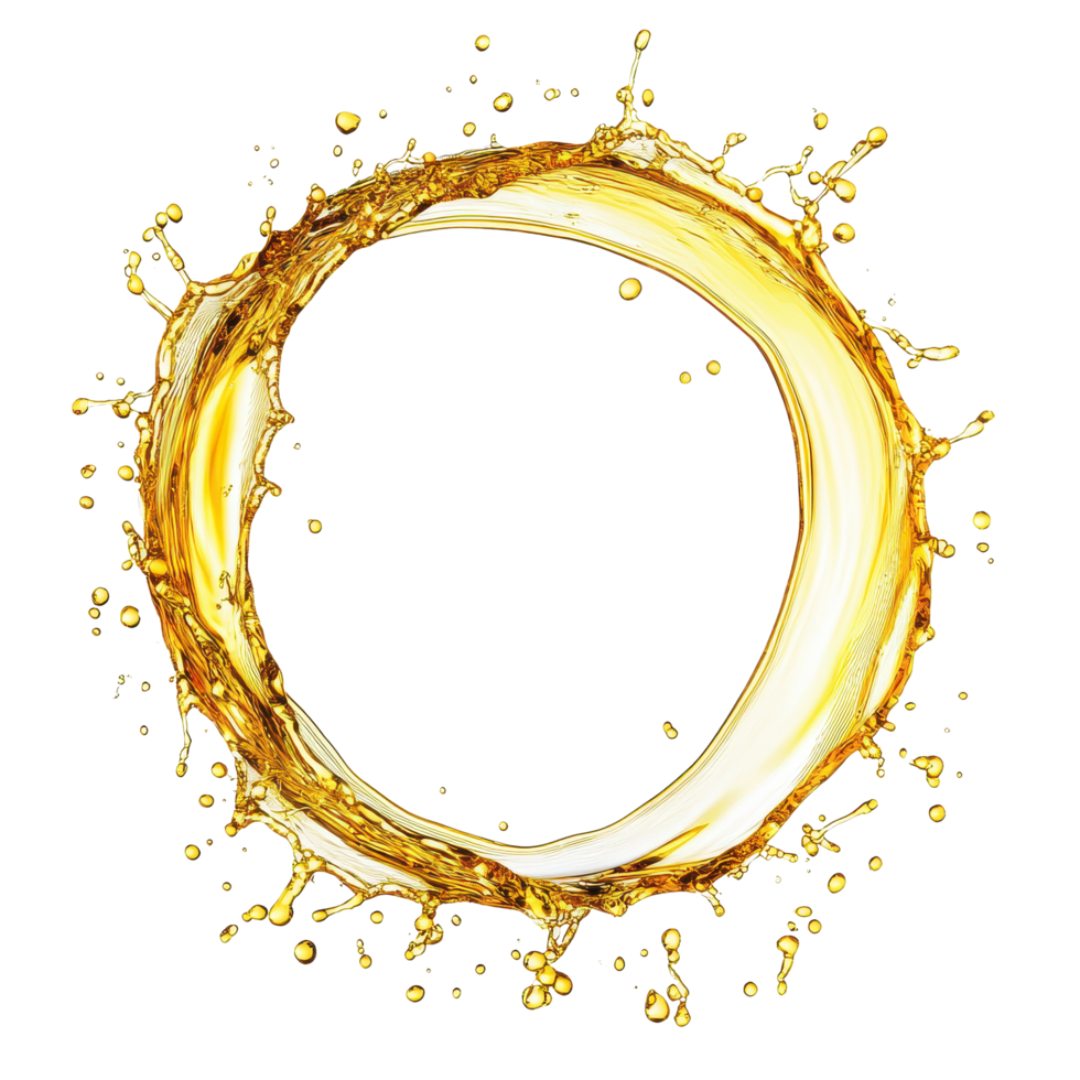 Splash of olive or engine oil forming a circular pattern on a Transparent background creating a dynamic visual effect, Splash olive or engine oil arranged in a circle isolated on background png
