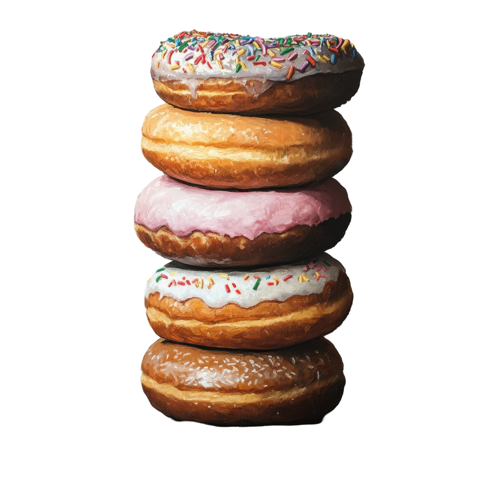 Deliciously stacked donuts on a wooden table with colorful toppings and frosting, Stack Donuts png
