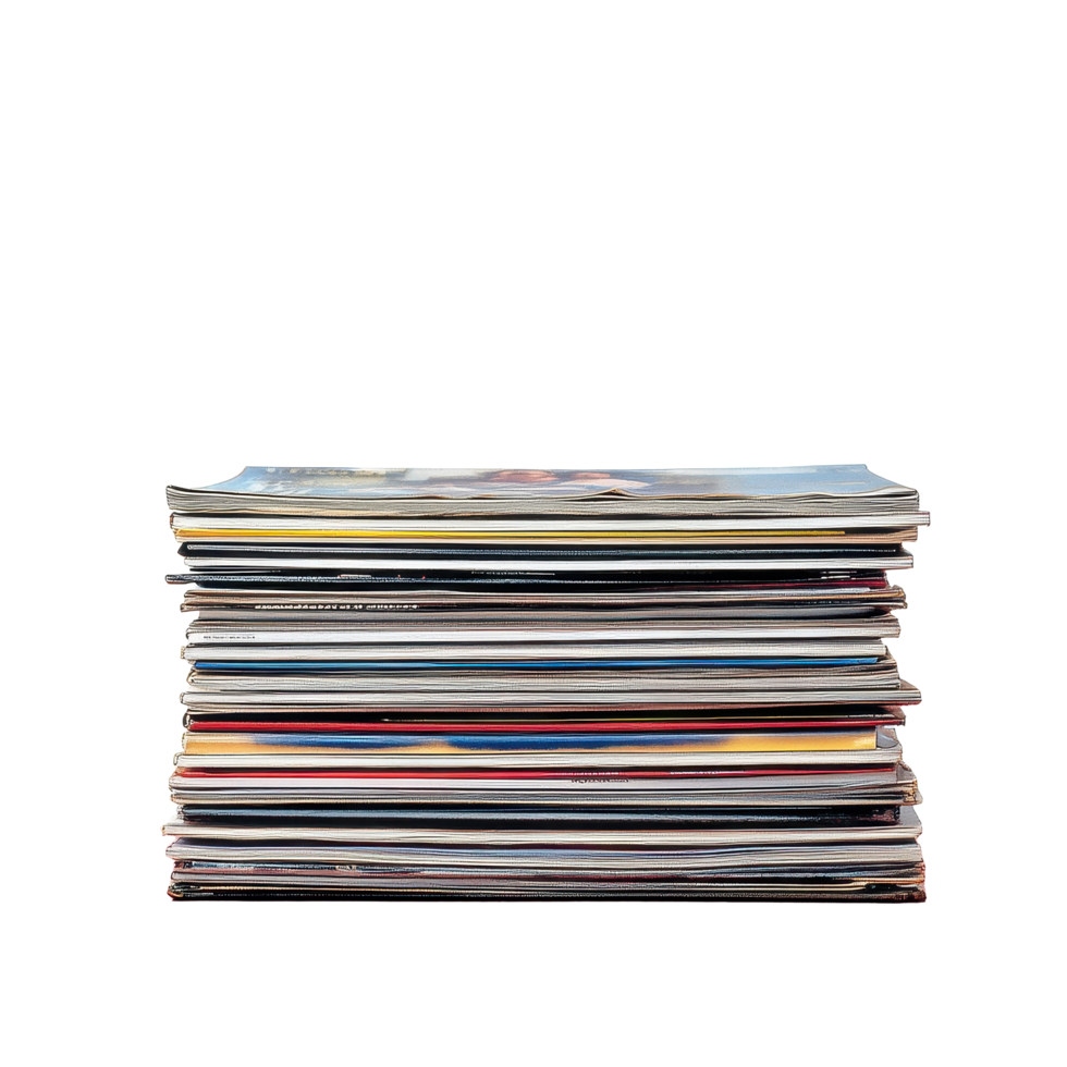 Old magazines stacked neatly on a red table against a Transparent background, stack old magazines on a red table png