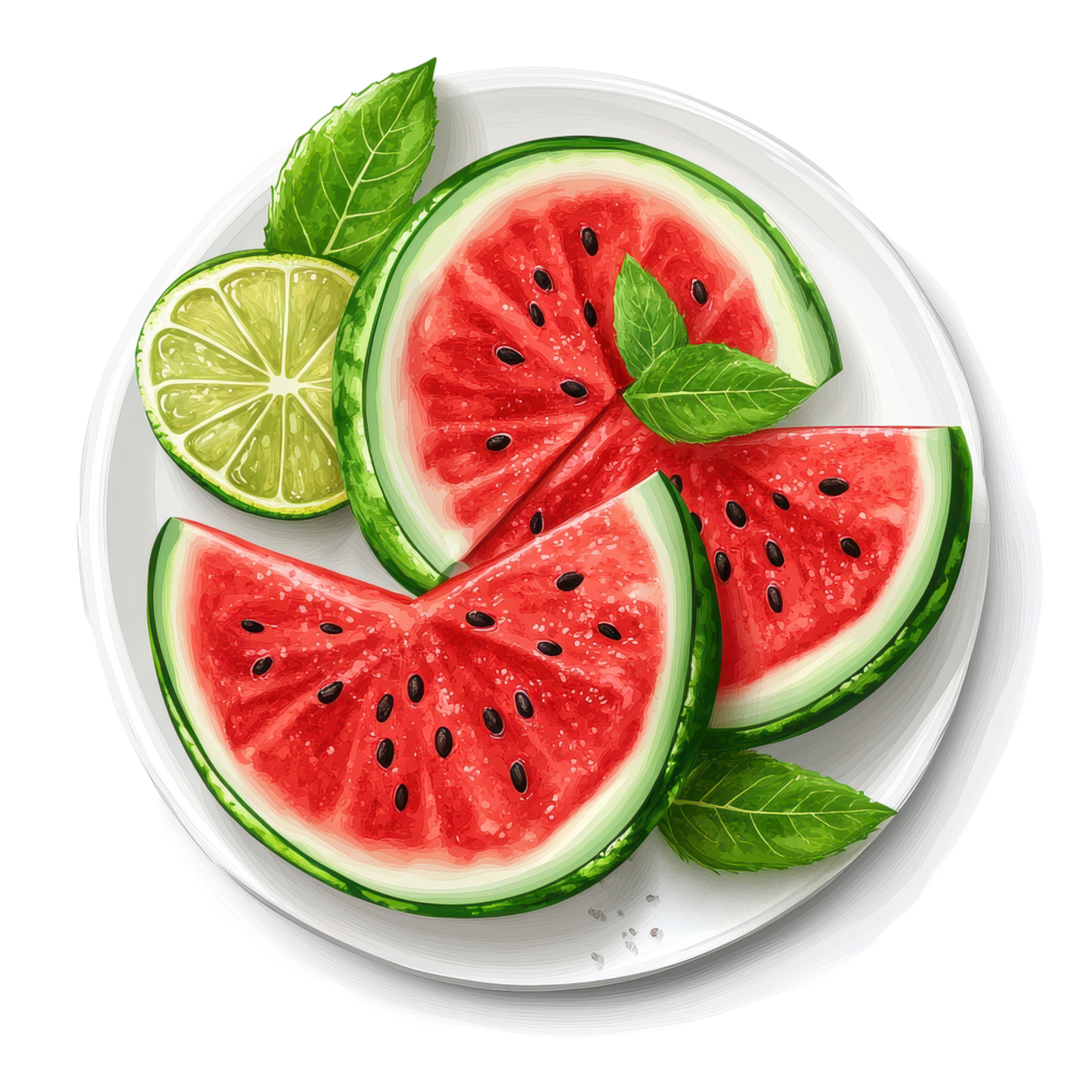 Fresh watermelon slices with lime and mint on plate isolated against a Transparent background, watermelon in plateisolated on background png
