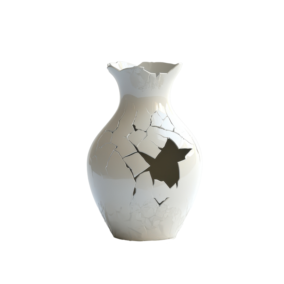 Shattered vase symbolizing broken trust with cracks and fragments on a clean Transparent background, Shattered Vase A Story Broken Trust, background png