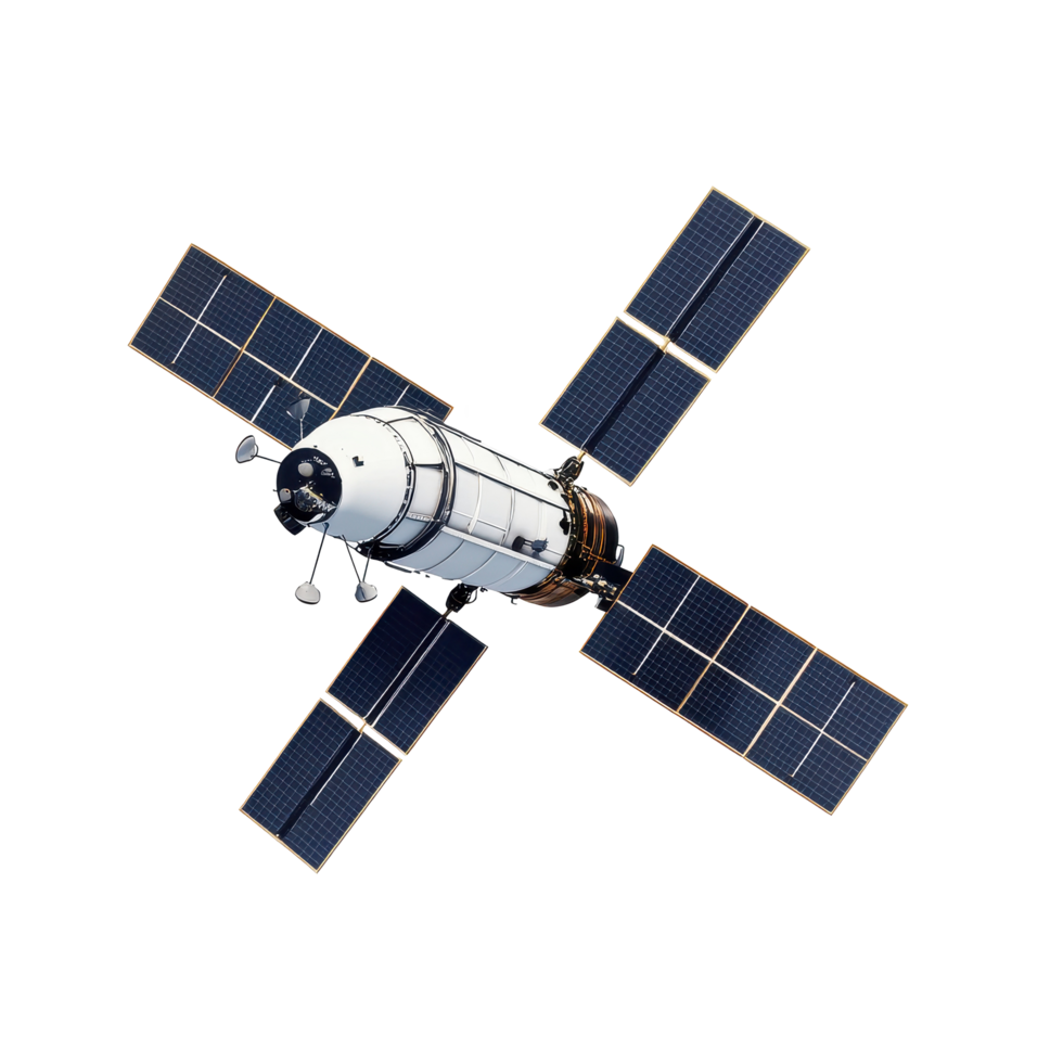 Orbital satellite for aerospace communication with solar panels in low Earth orbit, Space orbital satellite, aerospace and communications concept Transparent background png
