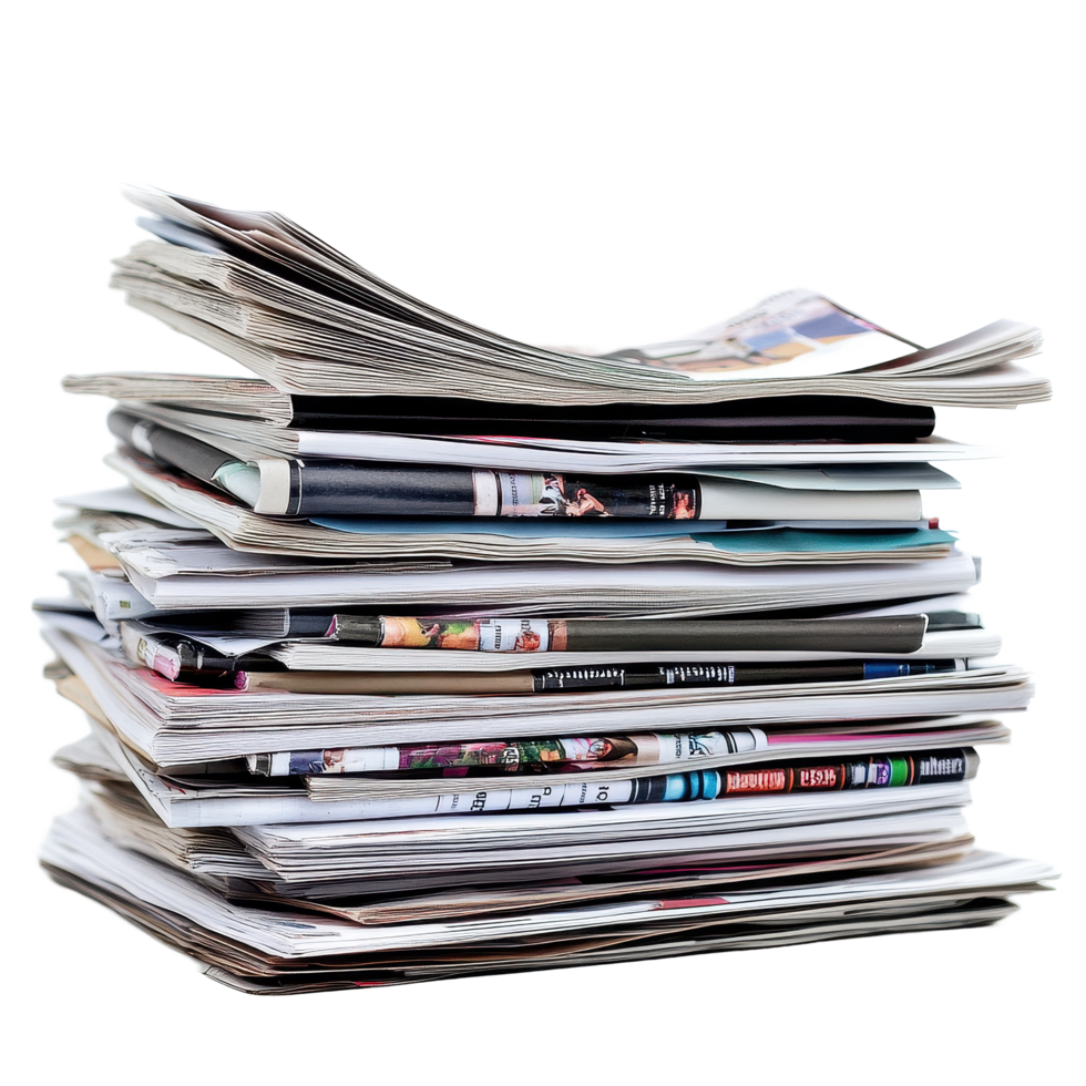 Stack of assorted papers and magazines on a clean Transparent background with organized layers, Stack papers and magazines, background png