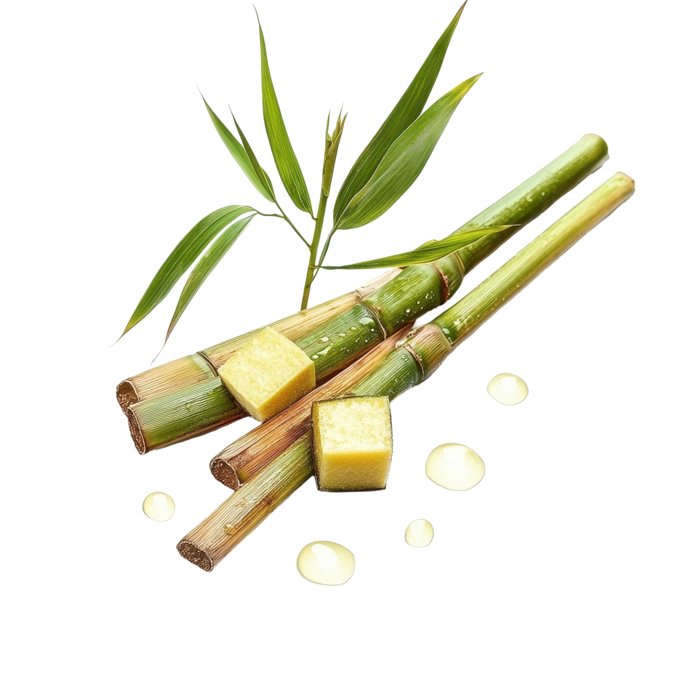 Water drops on fresh sugarcane stalks with green leaves isolated on a Transparent background, water drops sugarcaneisolated on background png