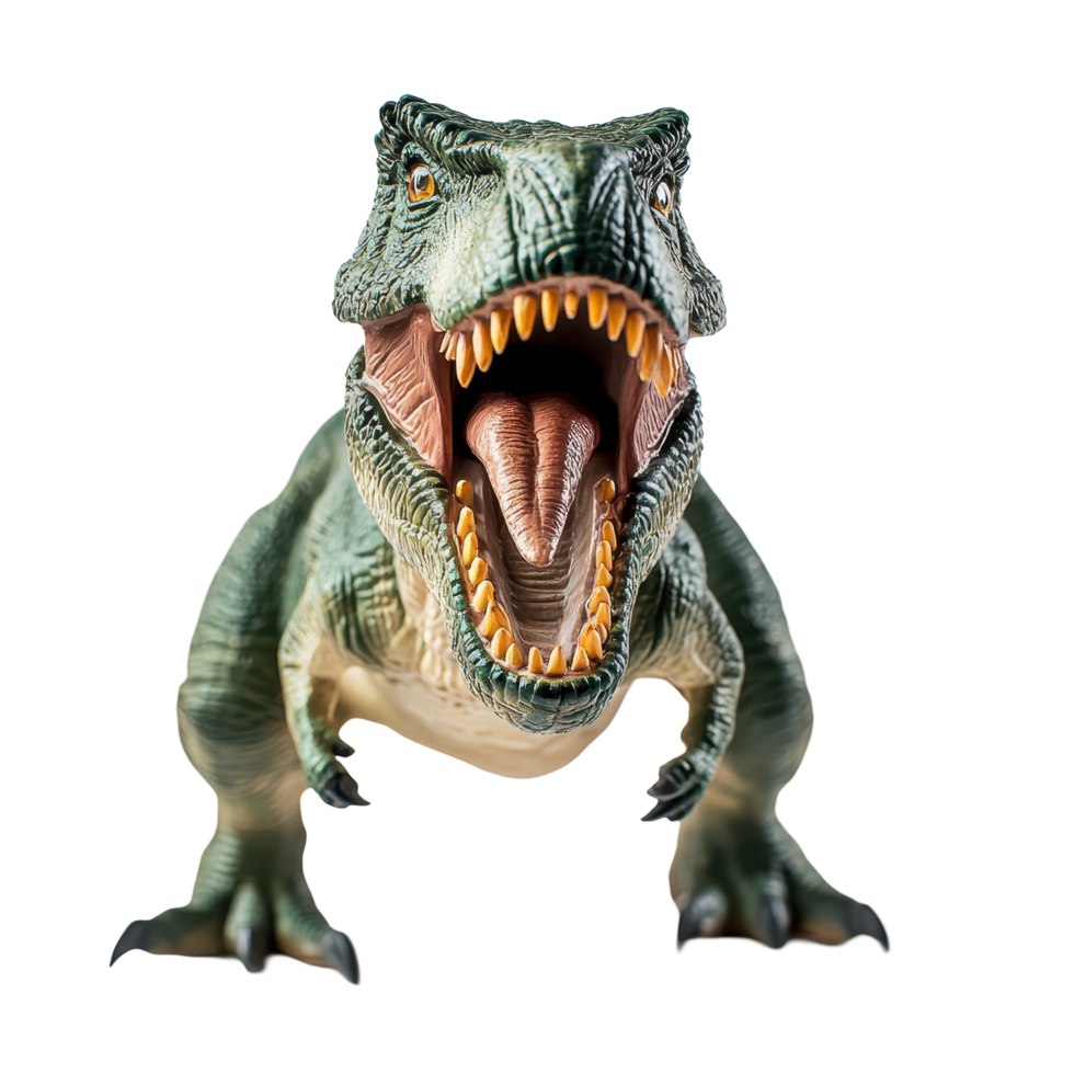 Toy dinosaur roaring and displaying fierce features on a plain Transparent background, Toy Dinosaur Roaring On a png