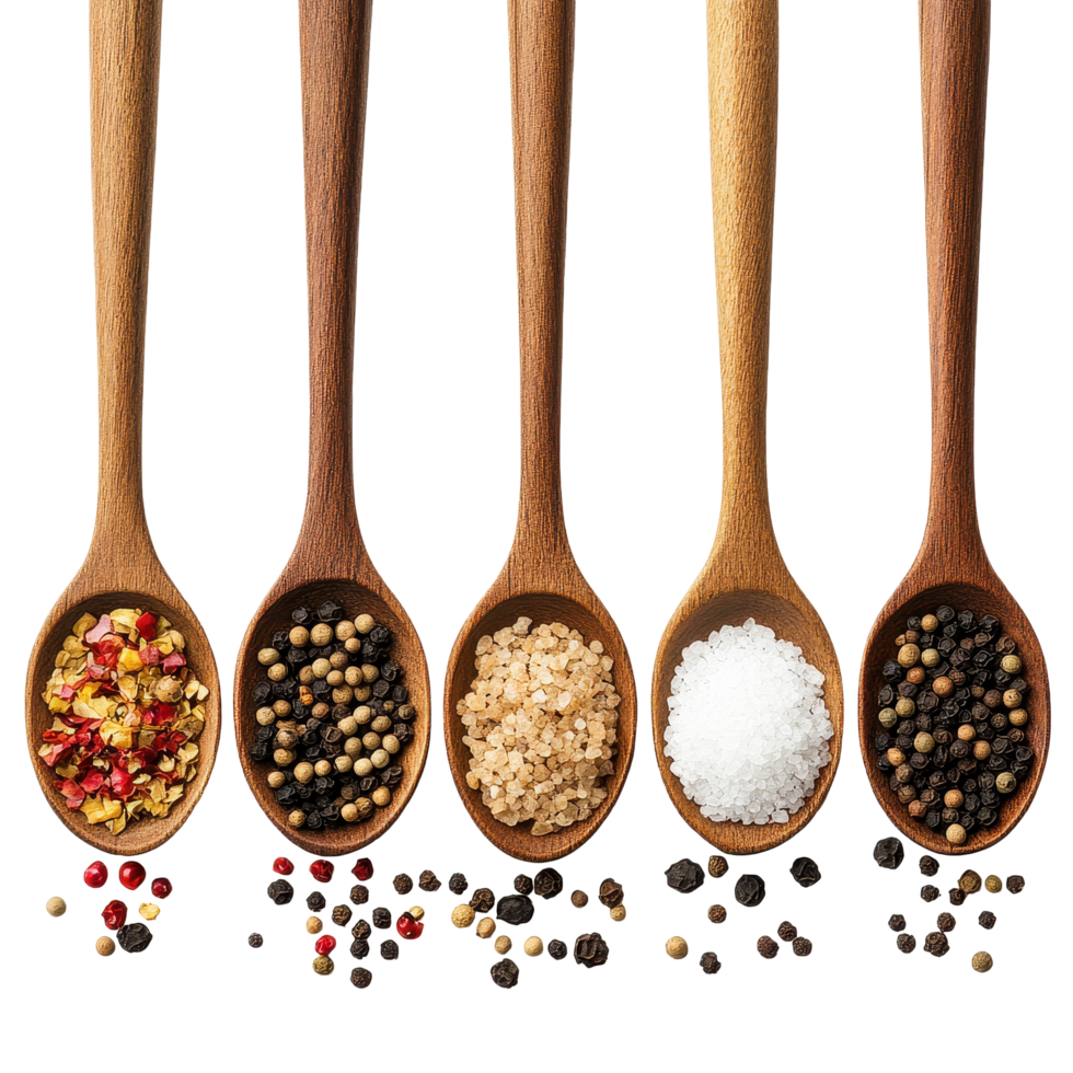 Various spices and salts displayed in wooden spoons arranged on a Transparent background, spoons with different pepper and salt isolated on white, top view with png