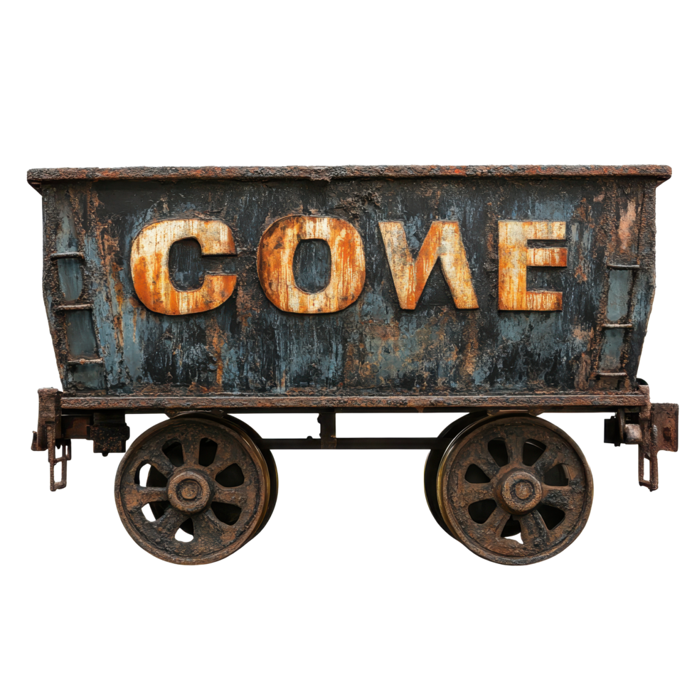 Rusty old train cart with coal sign on display at an abandoned train yard, rusty old train cart with a sign that says coal, Transparent background png