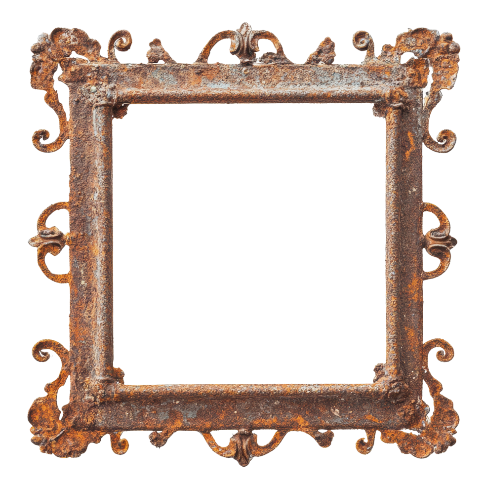 Vintage rusty metal frame with intricate design isolated on Transparent background for decorative purposes, Vintage rusty metal frame isolated on png