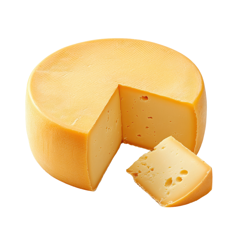 Round Gouda cheese with a piece cut out, showing creamy texture and bright yellow color against a Transparent background, Round Gouda Cheese with Piece isolated on background png
