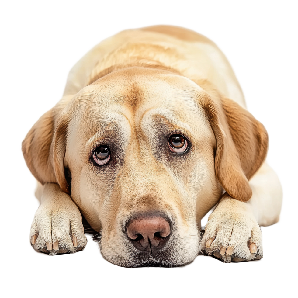 Sad Labrador retriever with gentle eyes resting on a white surface expressing deep emotion, Sad Labrador retriever on Transparent background png