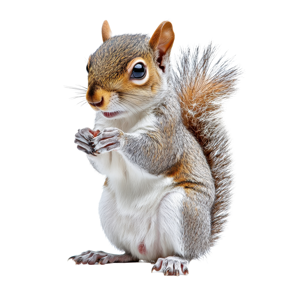 Squirrel posing with paws together on a Transparent background showcasing its curious expression, Squirrel on isolated on png
