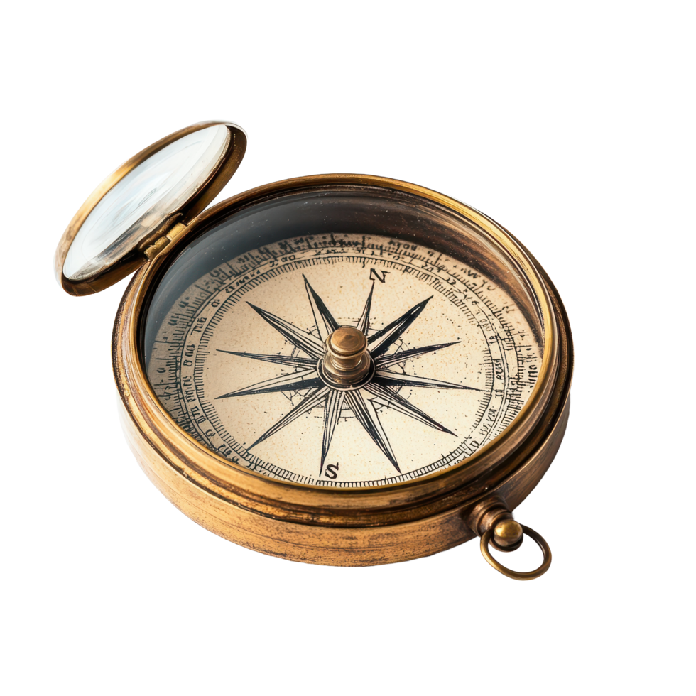 Vintage brass compass with magnifying glass for navigation enthusiasts and collectors, Vintage Brass Compass With Magnifying Glass for Navigation and Exploration, Transparent background png