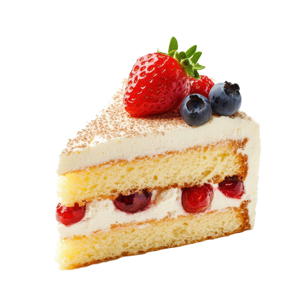 Delicious sponge cake slice topped with fresh berries on a white surface, Sponge cake isolated on Transparent background, background png