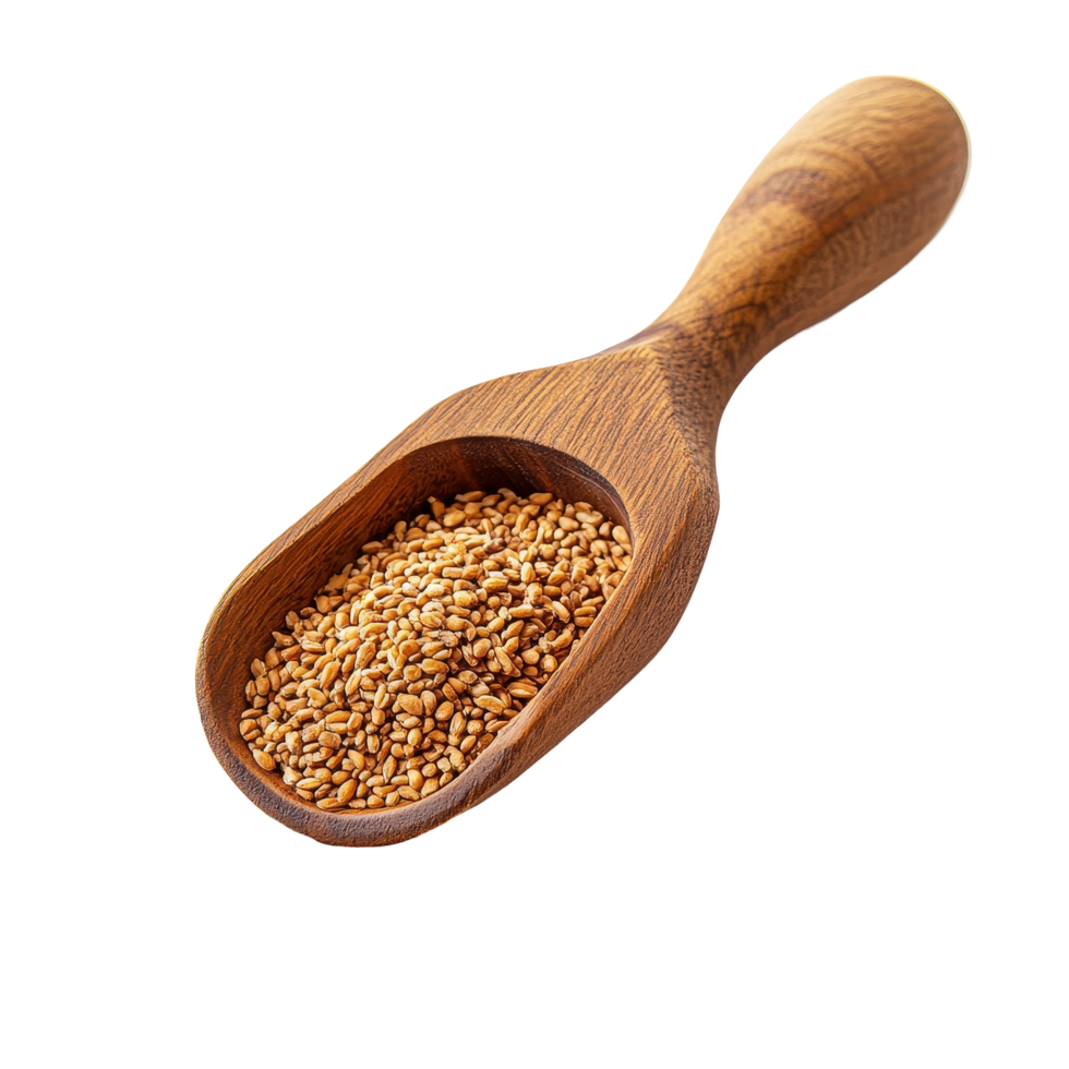 Wheat germ in wooden scoop on Transparent background showcasing natural health benefits and nutritional value, Wheat germ in wood scoopisolated on background png