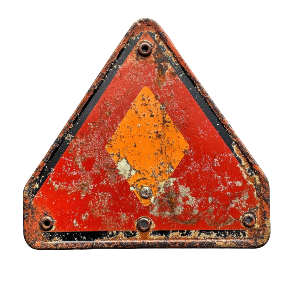 Rusty red caution sign with Transparent background displayed against a plain backdrop, Rusty Red Caution Sign, background png