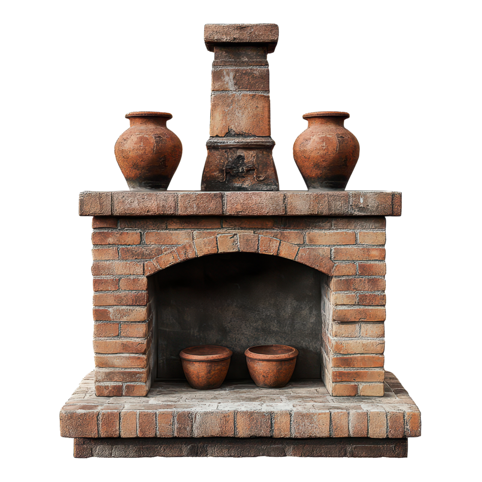 Vintage brick chimney and rustic round pots create a nostalgic atmosphere in old-fashioned setting, Vintage Brick Chimney Old-Fashioned Roand Pots Rustic Antique Style, Transparent background png