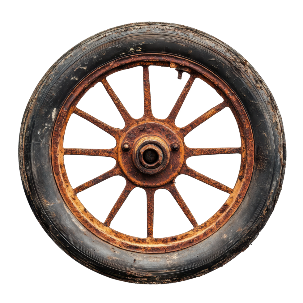 Rusted car wheel with visible spokes on a Transparent background highlighting wear and tear, Rusted Car Wheel with Visible Spokes, background png