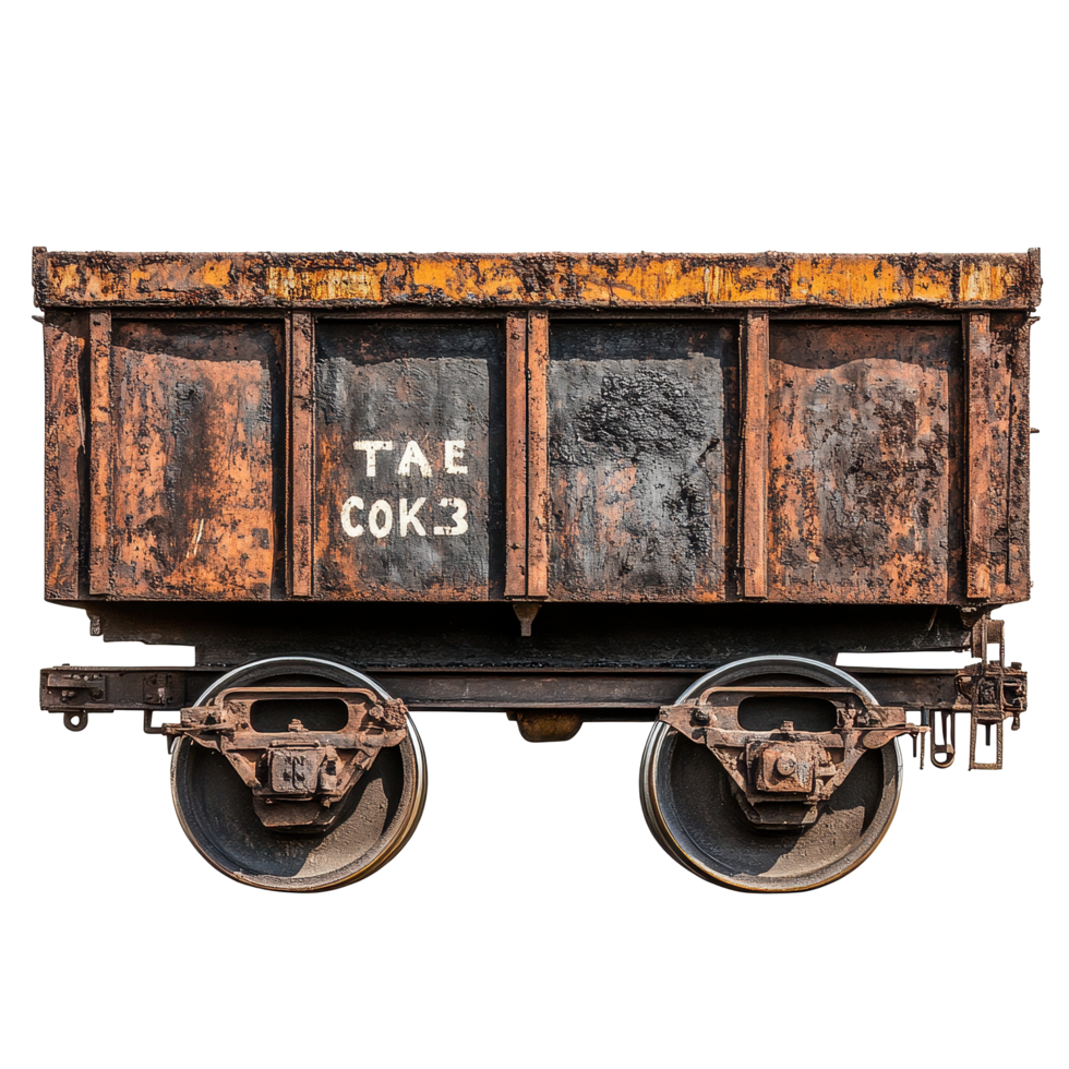 Rusty old train cart with coal written in white on its side, showcasing years of wear and history, rusty old train cart with coal written on it, Transparent background png