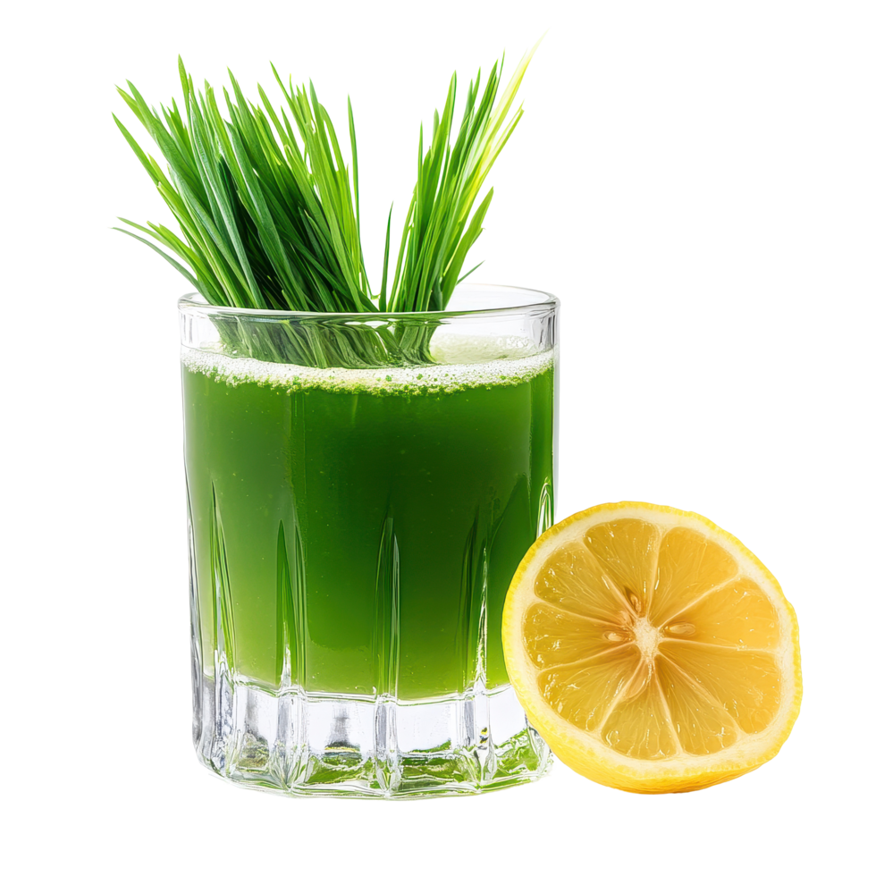 Refreshing wheat grass juice with a lemon slice served in a clear glass on a Transparent background, Wheat grass juice with lemon slice in glass on background png