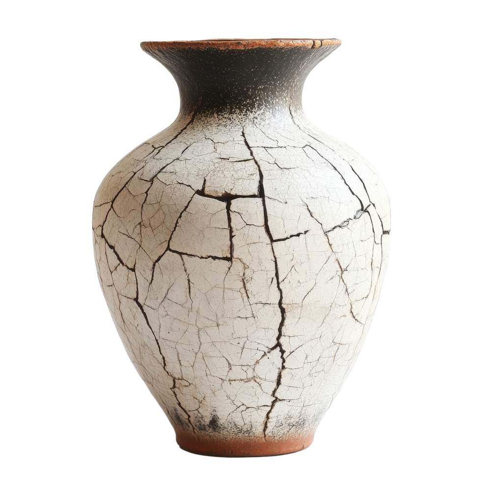 Rustic vase with intricate cracked design set against a simple Transparent background, Rustic Vase with Cracked Design, background png