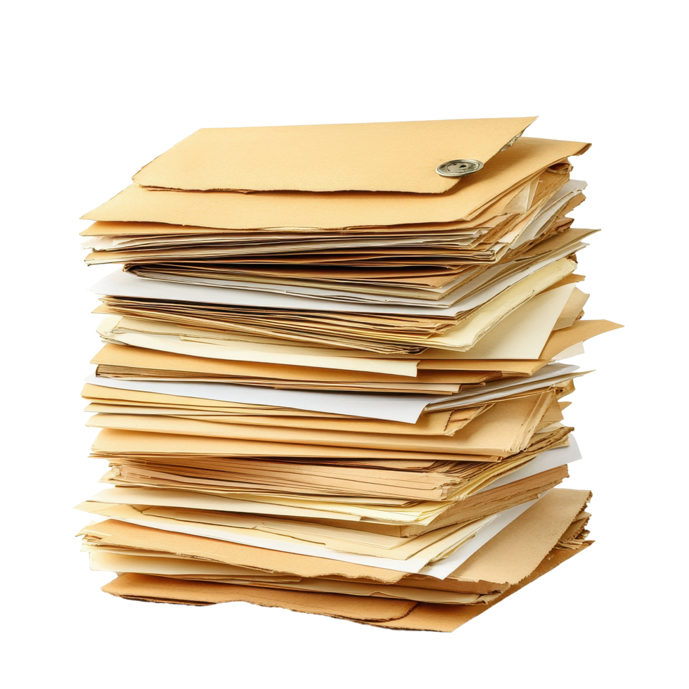 Stack of envelopes and files on a plain Transparent background showcasing organized documents for office use, Stack Envelopes , Files , Documents, background png