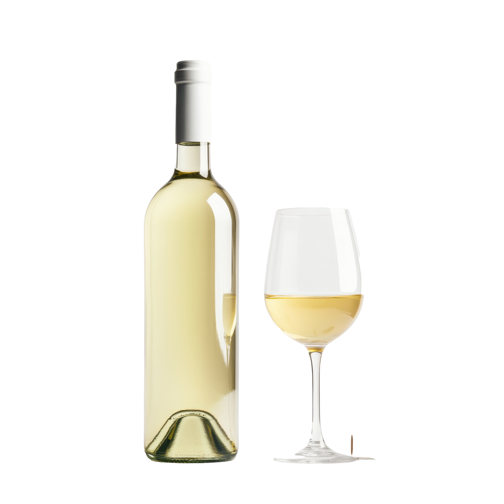 Elegant white wine bottle with glass and cork set against a clean Transparent background for a refined dining experience, White wine bottle and glassand cork, background png