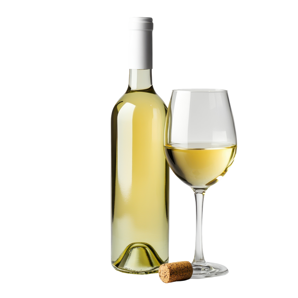 Elegant presentation of white wine bottle and glass with cork on Transparent background, White wine bottle and glassand cork, background png
