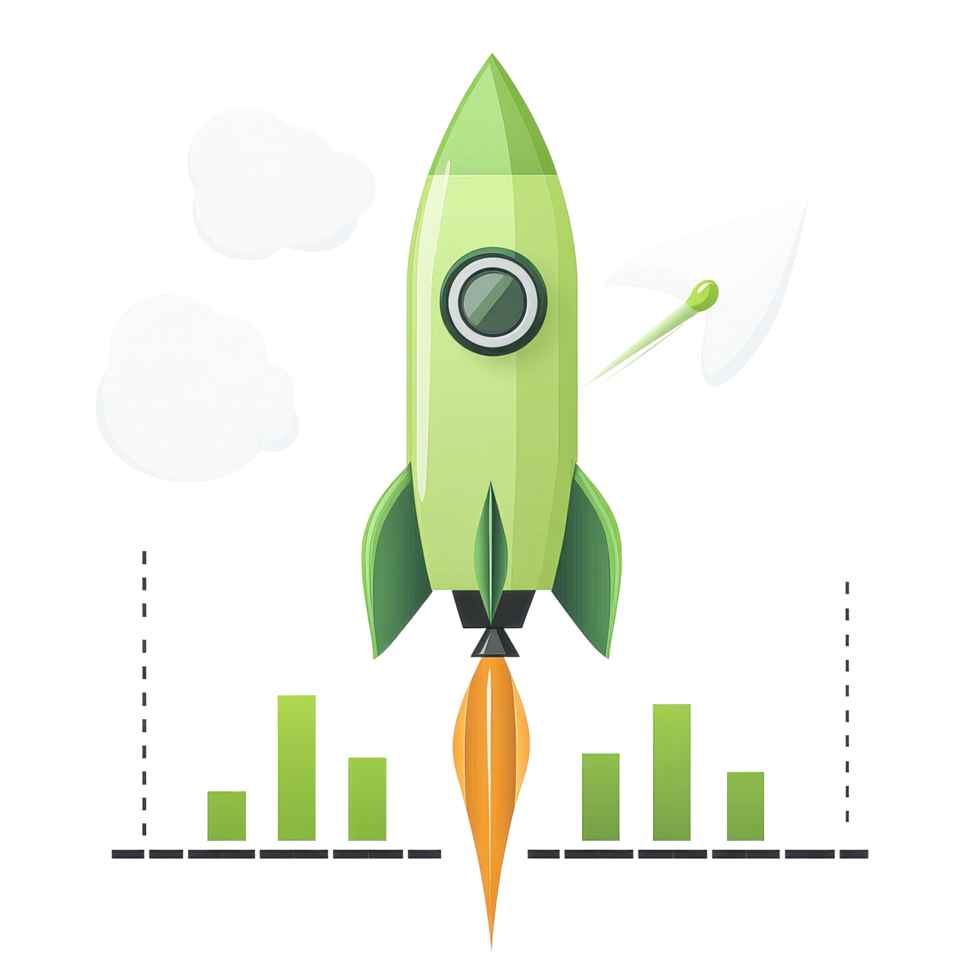 Cute green rocket launch with bar graphs and a Transparent background set in a playful design style, background cute green rocket launch with a bar graph on a transparent png