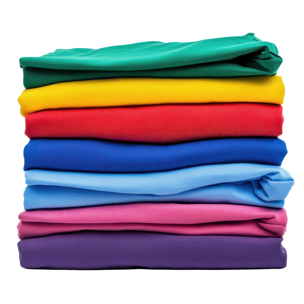 Colorful stack of folded shirts on a Transparent background showcasing vibrant textiles and neat organization, Stack colorful folded shirts isolated on png