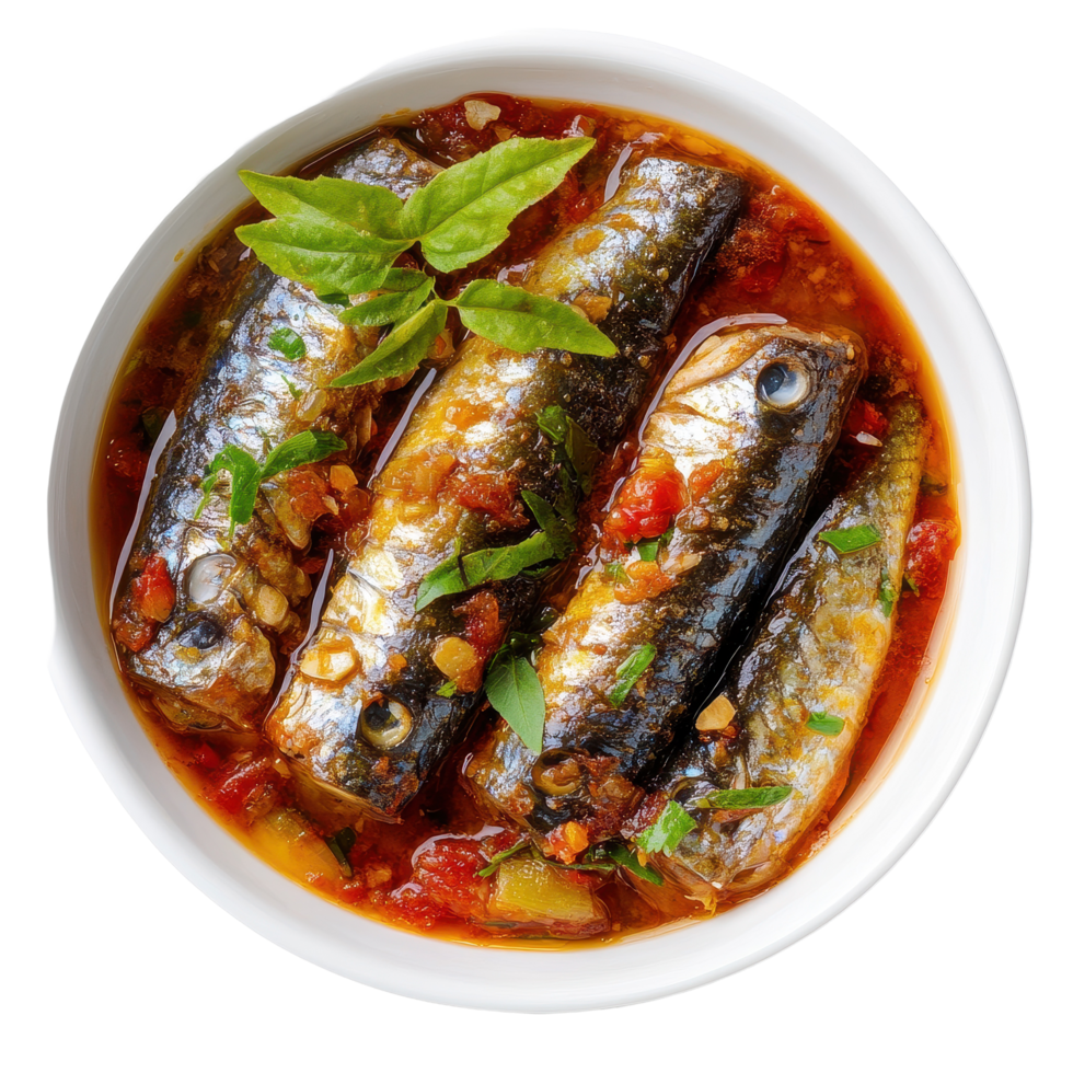 Spicy sardines in tomato sauce served with fresh herbs for a flavorful meal, Spicy Sardines in tomato sauce canned fish ,Yum thai food styleisolated on Transparent background png