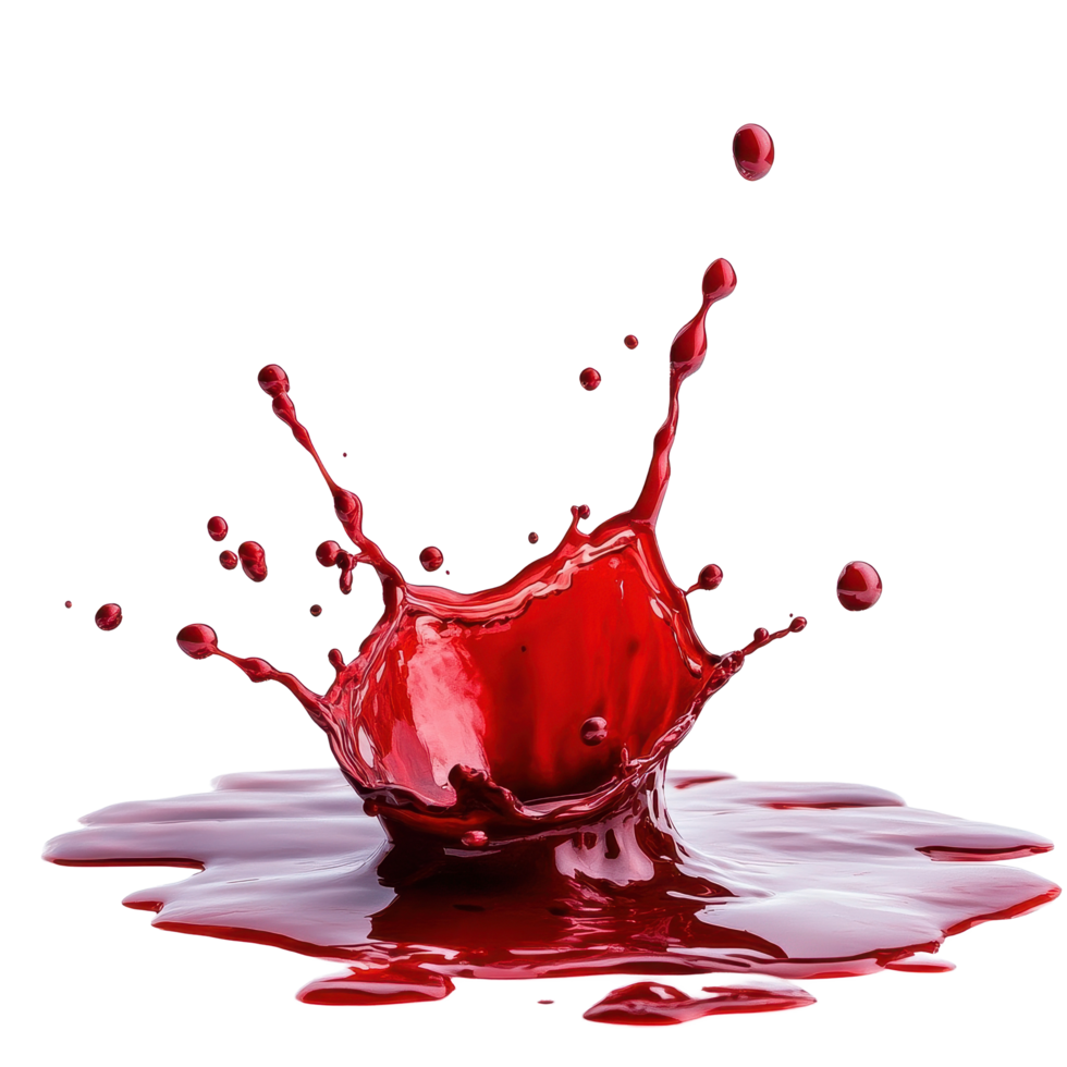 Splash of red liquid creating dynamic droplets against a clean Transparent background, Splash blood on png