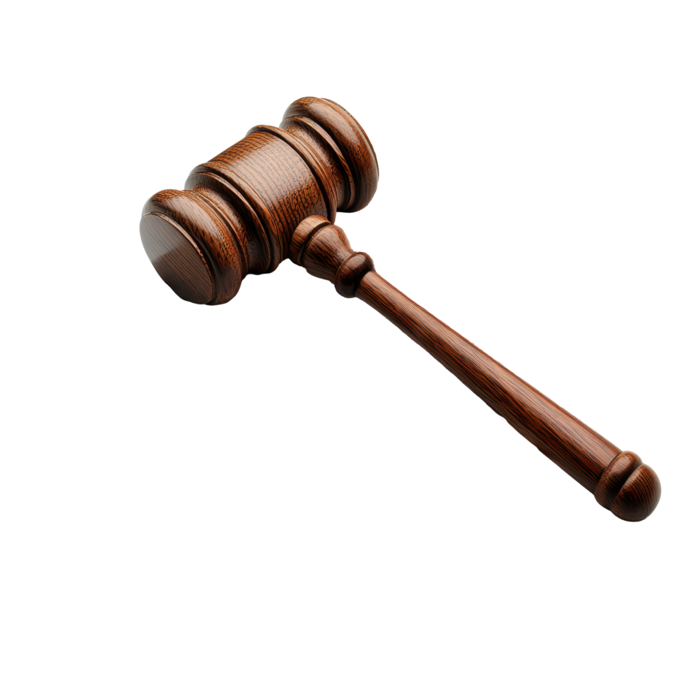 Wooden gavel resting on a stack of legal documents highlighting the importance of law and justice, wooden gavel sitting on top a newspaper, Transparent background png